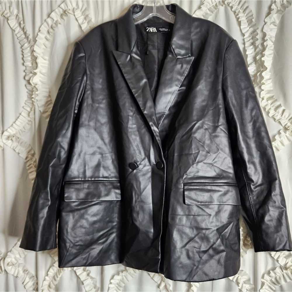 Zara Black Faux Leather Oversized Jacket Blazer S… - image 2