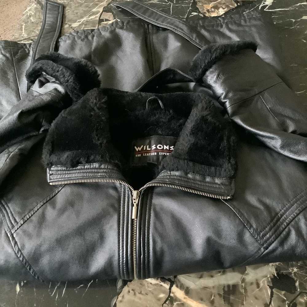 Y2k Wilsons black leather belted fur lined coat S… - image 5