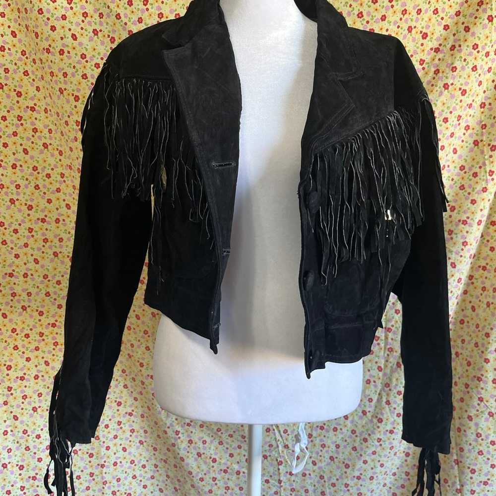 Vintage black suede leather fringe concho jacket … - image 1
