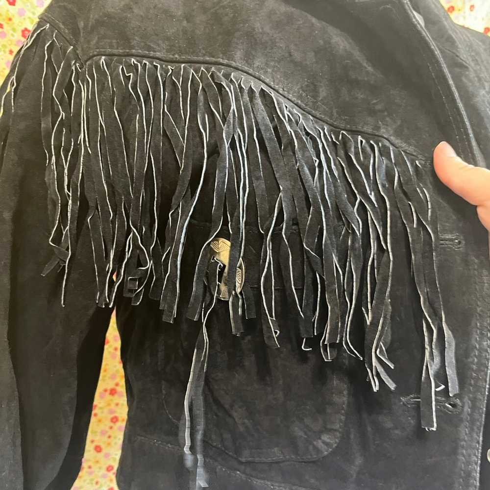 Vintage black suede leather fringe concho jacket … - image 2