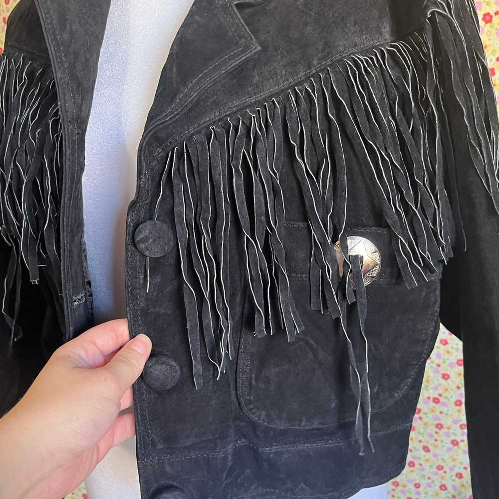 Vintage black suede leather fringe concho jacket … - image 4