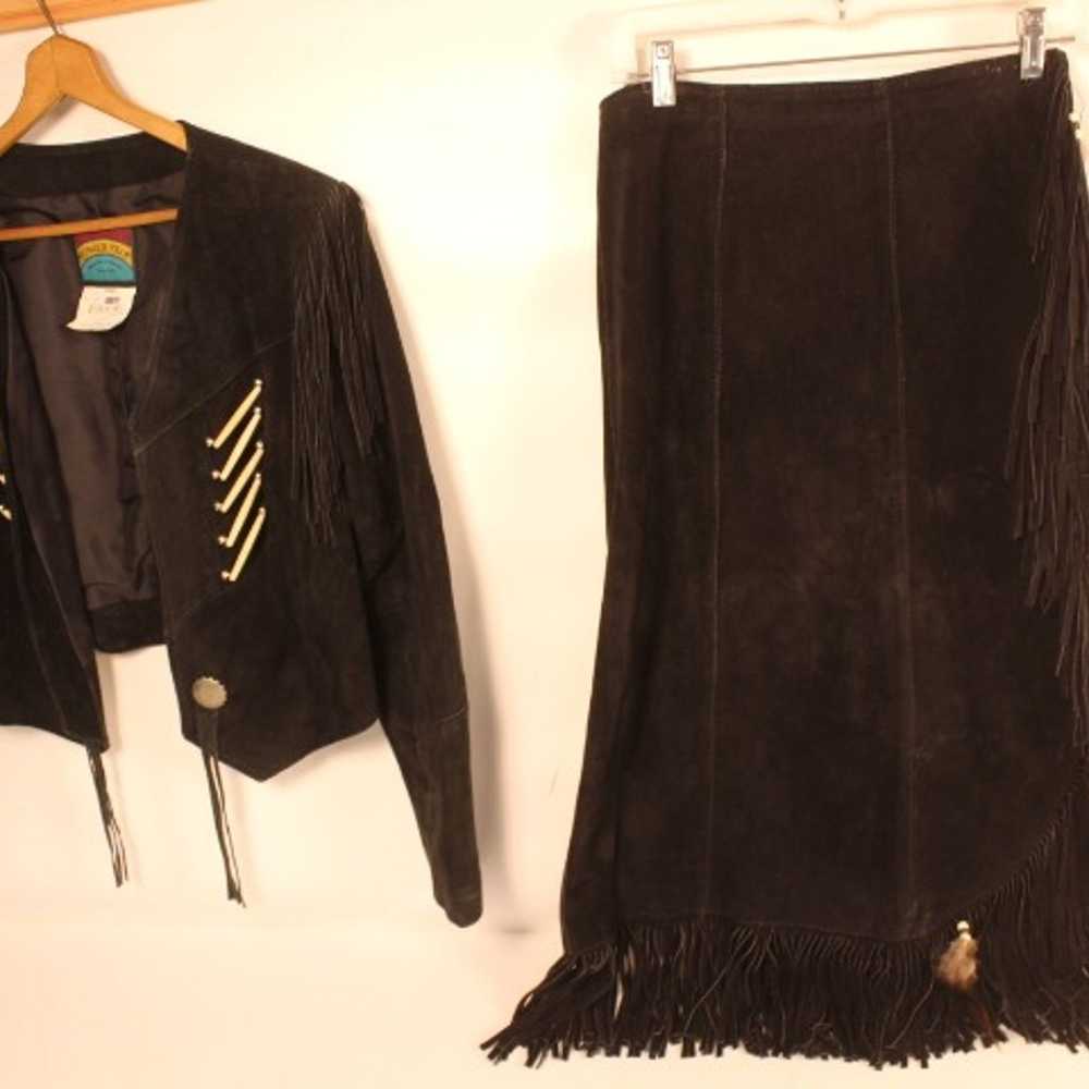 Vintage Black Leather Fringed Jacket & Skirt - image 10