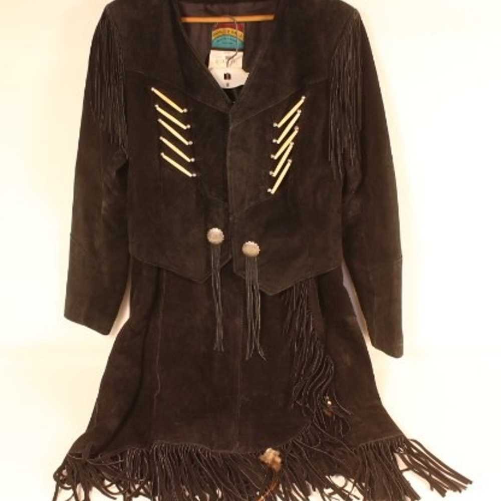 Vintage Black Leather Fringed Jacket & Skirt - image 1