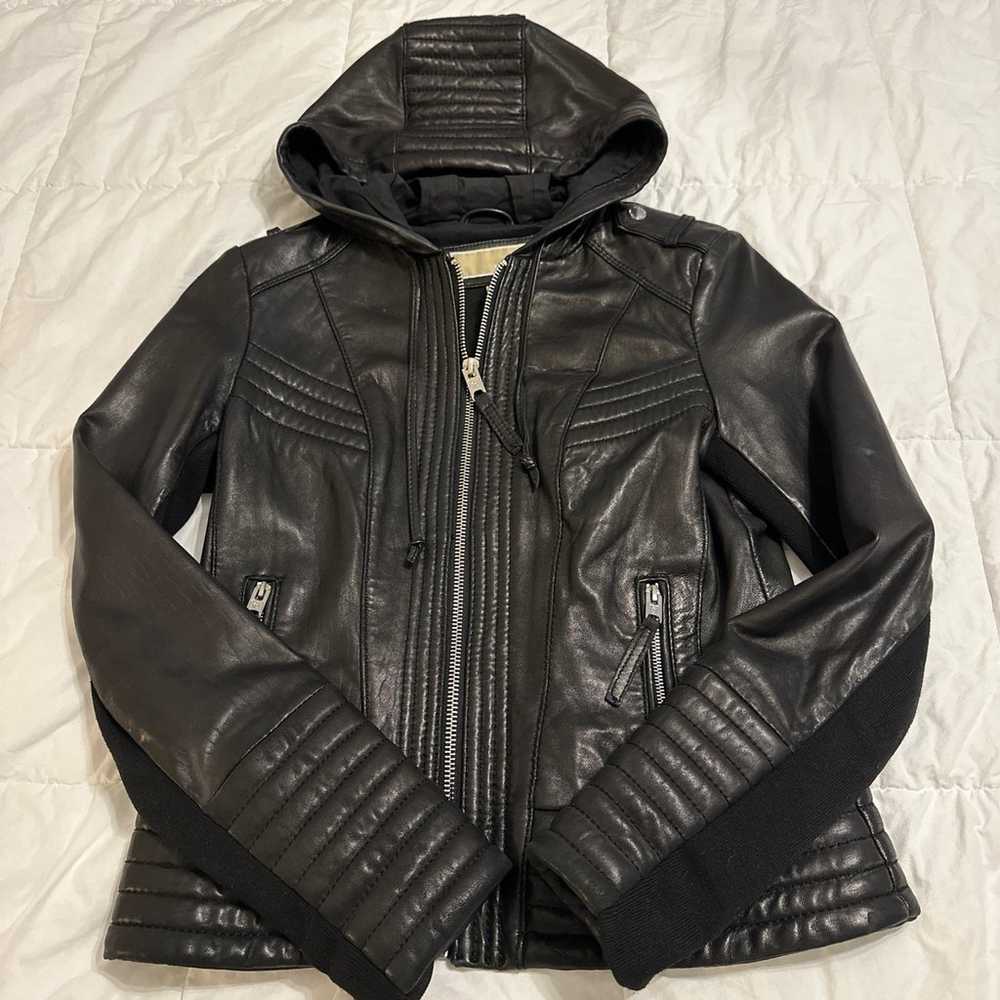 Genuine Leather Michael Kors Moto Jacket with Hoo… - image 1