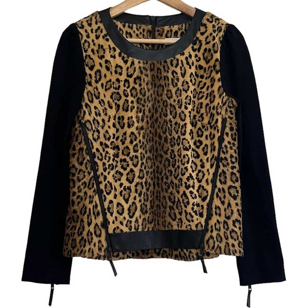 Milly Lambskin Leather Top Faux Fur Leopard Pullo… - image 10