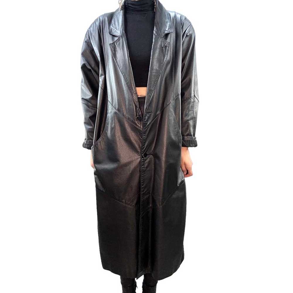 Vintage black leather trench coat - image 3