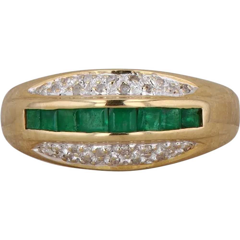 14k Yellow Gold Diamond and Emerald Domed Ring - image 1