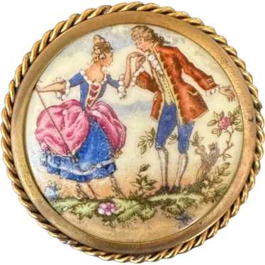 Limoges Hand Painted Porcelain Brooch, Courting Co