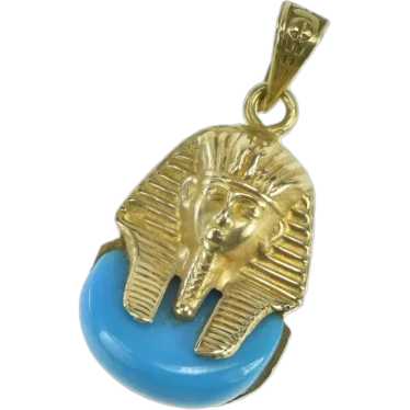 18K Turquoise Pharaoh Ancient Egyptian Motif Char… - image 1