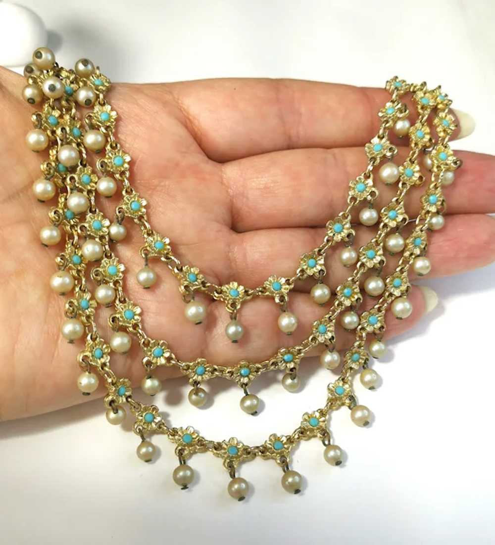 Vintage 1950s Tiered Necklace Turquoise Faux Pear… - image 3