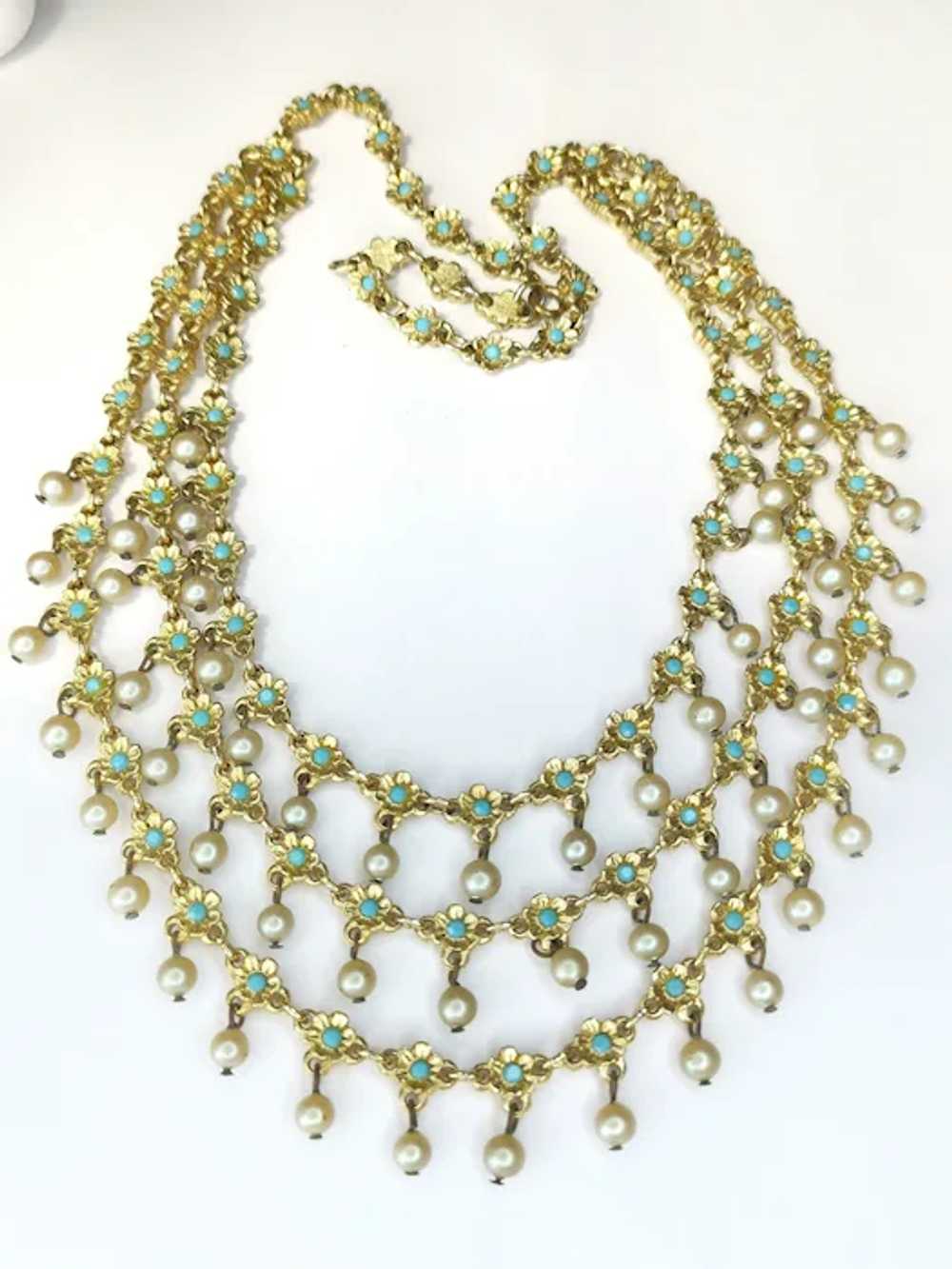 Vintage 1950s Tiered Necklace Turquoise Faux Pear… - image 5