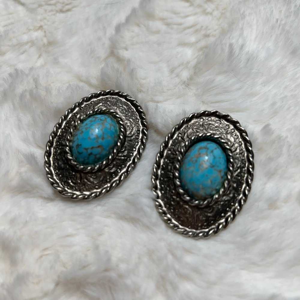 Vintage Silver Turquoise Clip On Earrings - image 1