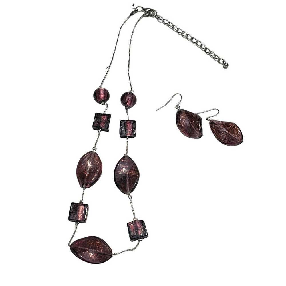 Vintage Purple Glass Bead Necklace And Ear Rings - image 1