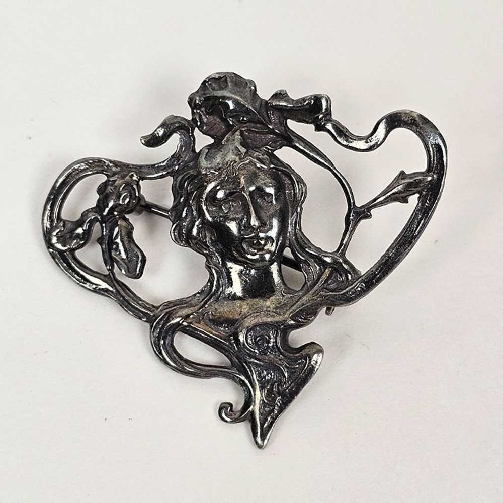 Sterling Silver Art Nouveau Figural Bust Brooch 9… - image 10