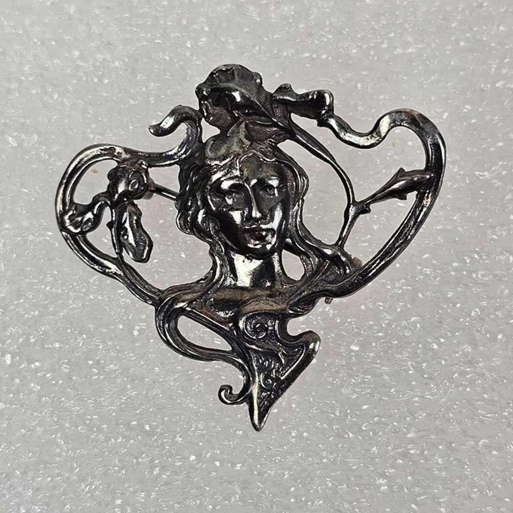 Sterling Silver Art Nouveau Figural Bust Brooch 9… - image 2