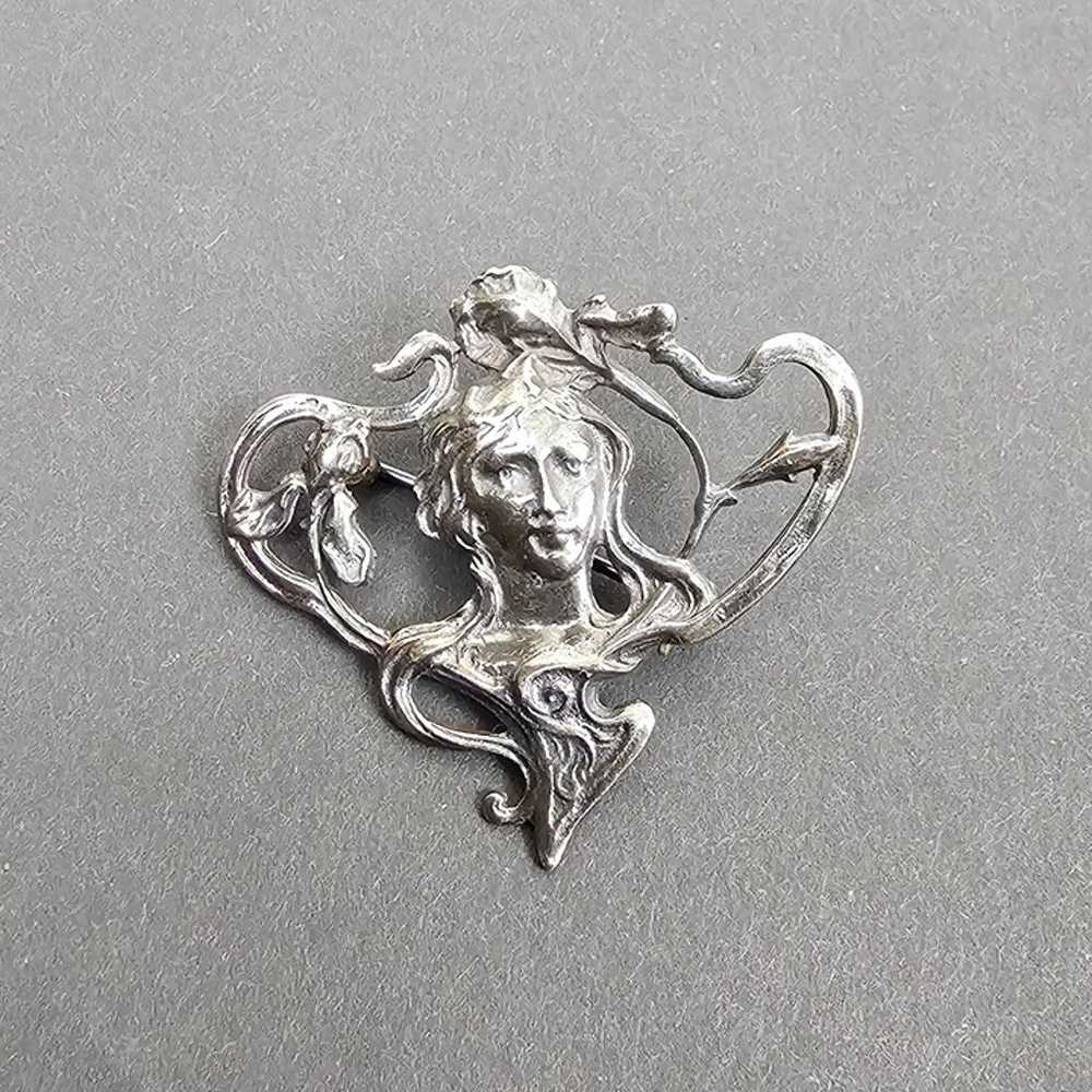 Sterling Silver Art Nouveau Figural Bust Brooch 9… - image 7