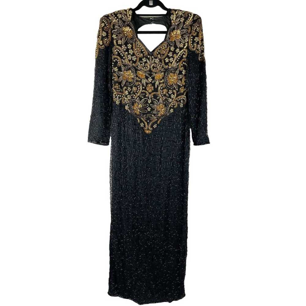 VTG Scala Silk Dress Womens Small Black Gold Bead… - image 1