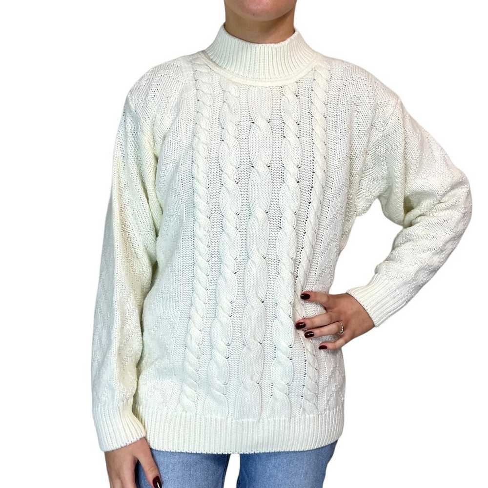 Cable Knit Sweater Womens Small Cream White Vinta… - image 1