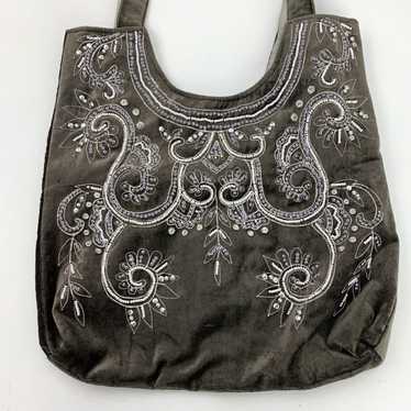 Vintage Beaded Grey Purse Handbag Bag 16" x 13"