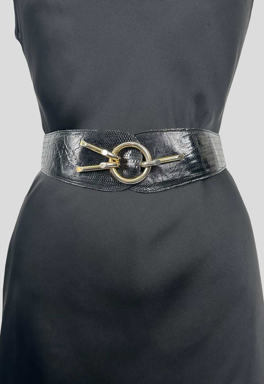 80's Vintage Francine B Black Leather Belt Gold B… - image 1