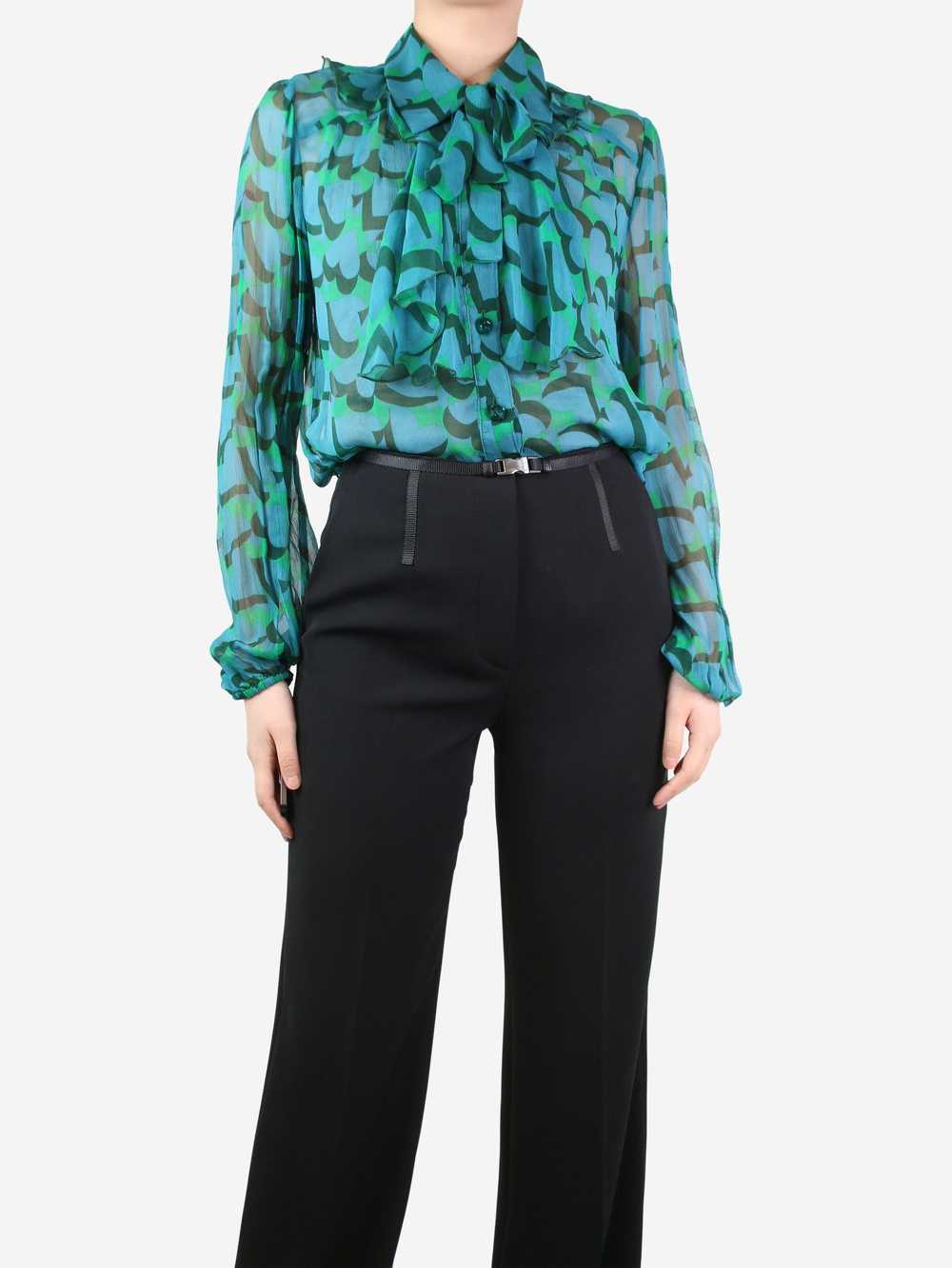 Anna Sui Green sheer ruffled printed blouse - siz… - image 3