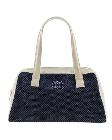 Chanel Ivory and Navy CC Logo Leather Boston Bag