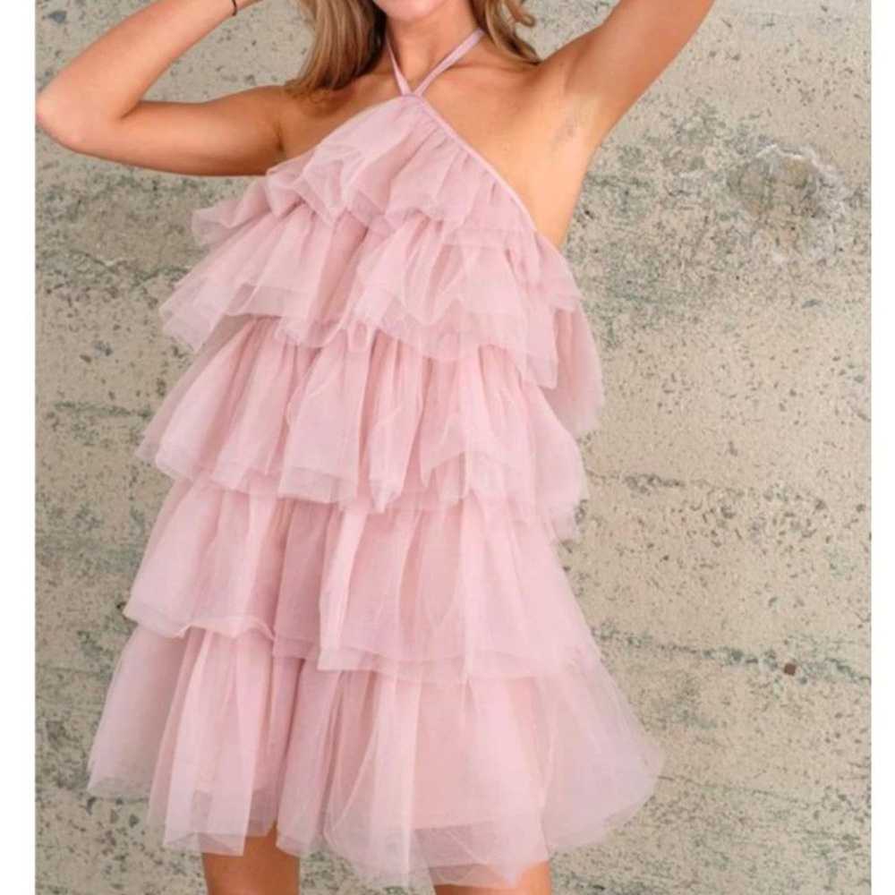 Pink Tulle Ruffle Halter Mini Dress - image 1