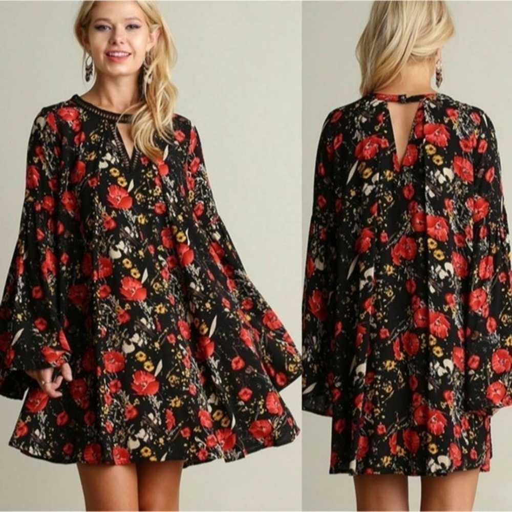 Umgee Floral Swing Dress Women's 2XL Black Red Bo… - image 9