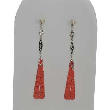 Art Deco Platinum Diamond Seed Pearl and Coral Ear