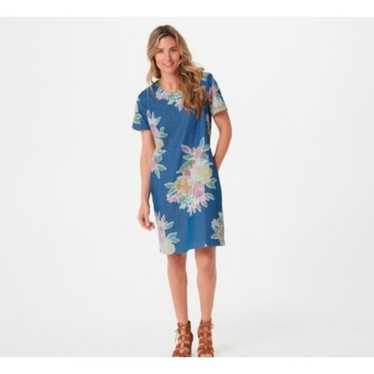 Denim&Co Floral Printed Stretch Blue Denim Shift … - image 1