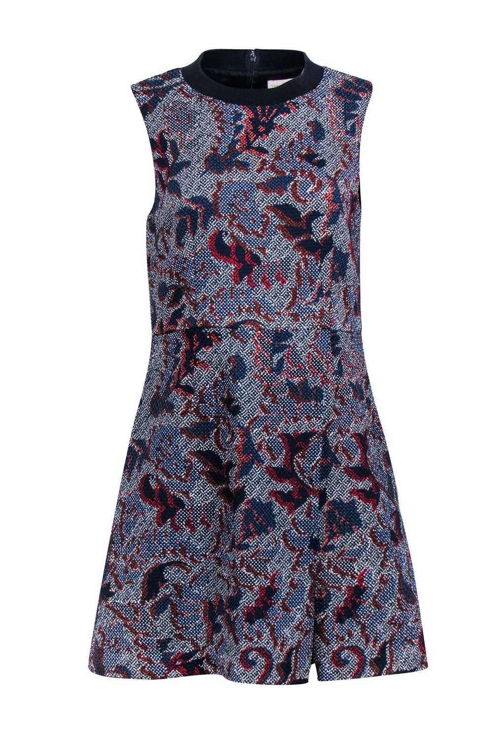 Tory Burch - Navy & Red Printed Tweed Sleeveless … - image 1