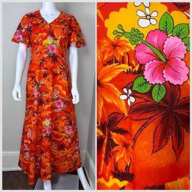 1970s Orange Tropical Floral Maxi Dress, Royal Ha… - image 1