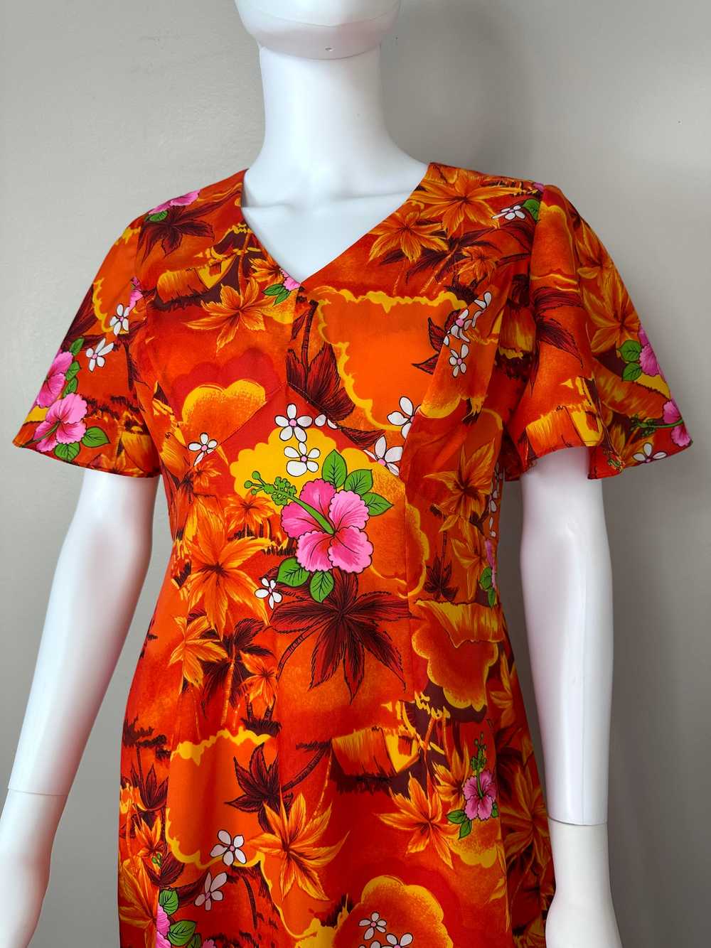 1970s Orange Tropical Floral Maxi Dress, Royal Ha… - image 2