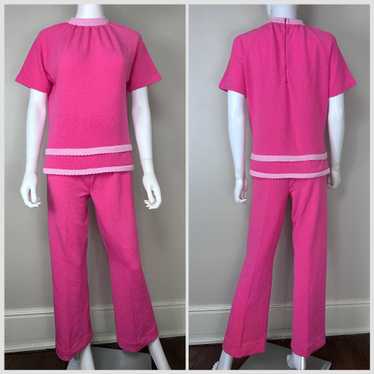 1960s/70s Bright Pink Polyester Top and Pants Set… - image 1