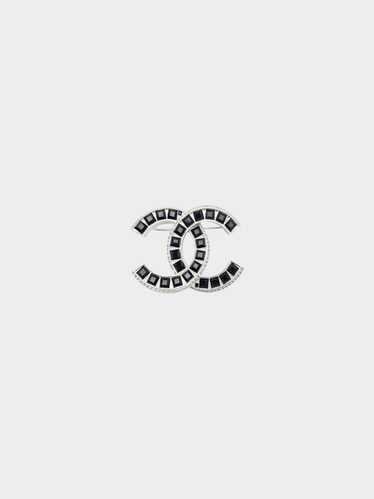 Chanel 2015 Silver and Black Rhinestone CC Brooch - image 1