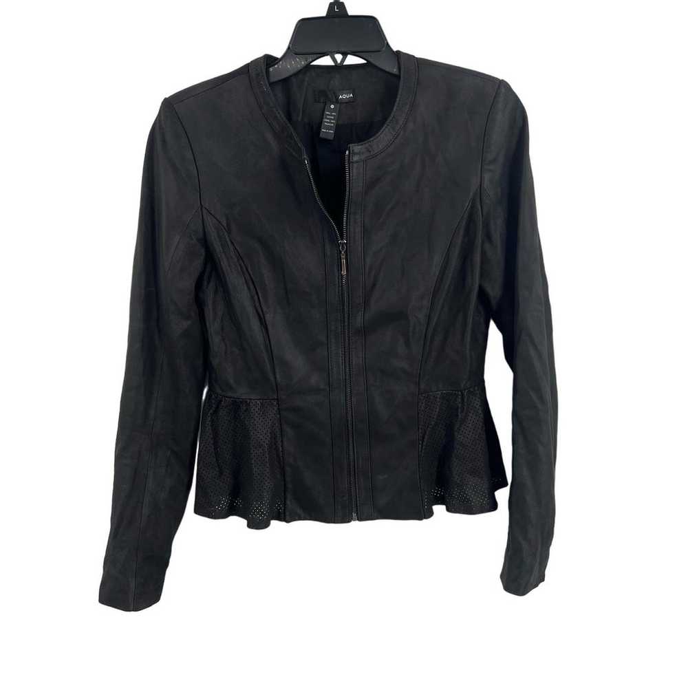 Aqua Black Leather Jacket Peplum Waist Size Medium - image 1