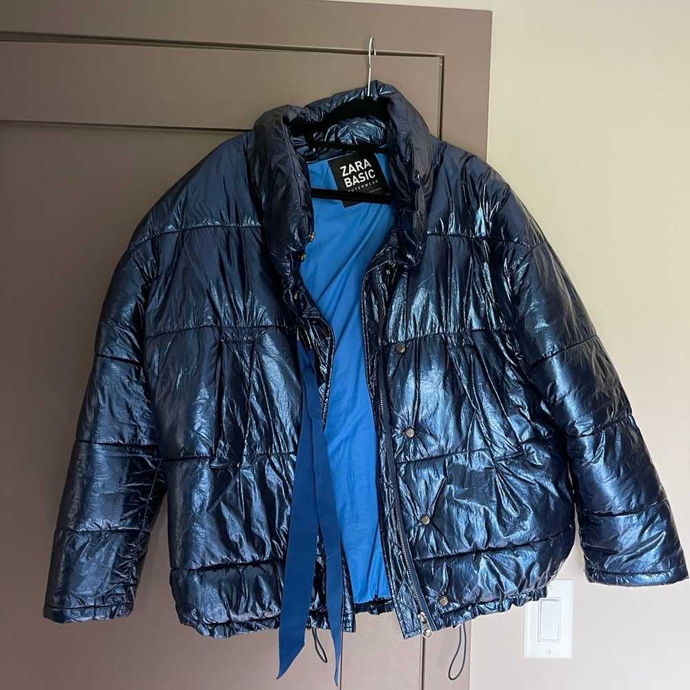 Zara Blue Metallic Puffer Jacket - image 1