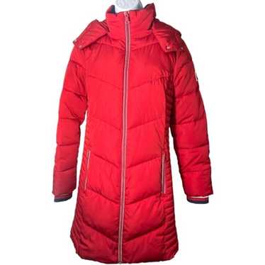 Tommy Hilfiger Red Hooded Zip Front Long Jacket - 