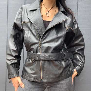 Vintage Boutique Europa black leather moto jacket… - image 1