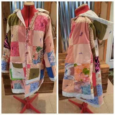 Upcycled vtg patch Quilt blanket coat L original