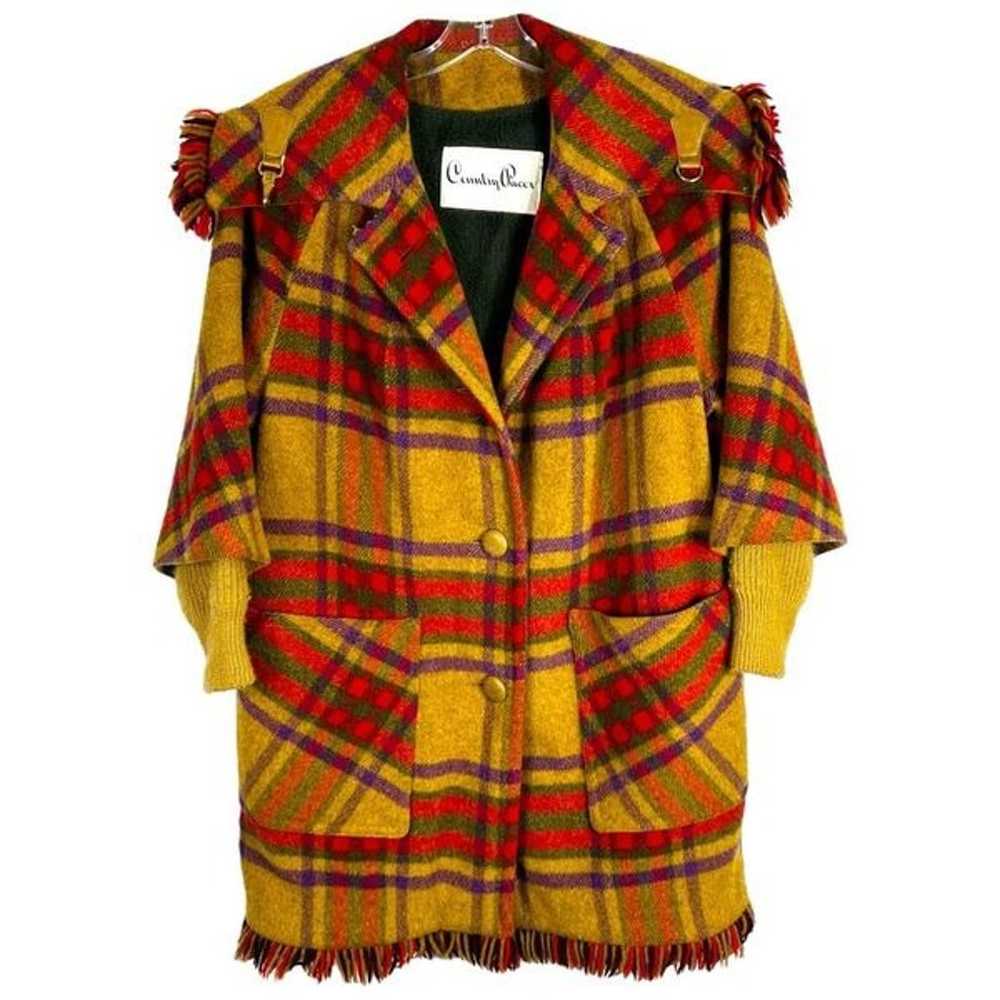 VTG 70s Country Pacer Womens Coat Wool Plaid Frin… - image 1