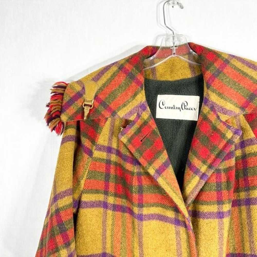 VTG 70s Country Pacer Womens Coat Wool Plaid Frin… - image 3
