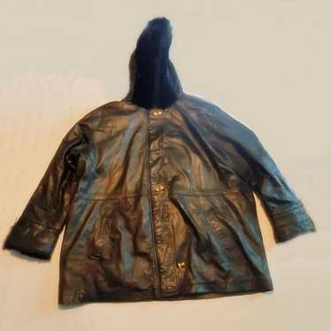 VENEZIA Black Leather Fur Trim Hood Jacket Sz 22 … - image 1