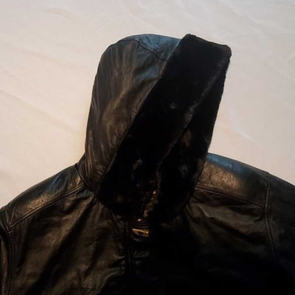 VENEZIA Black Leather Fur Trim Hood Jacket Sz 22 … - image 4
