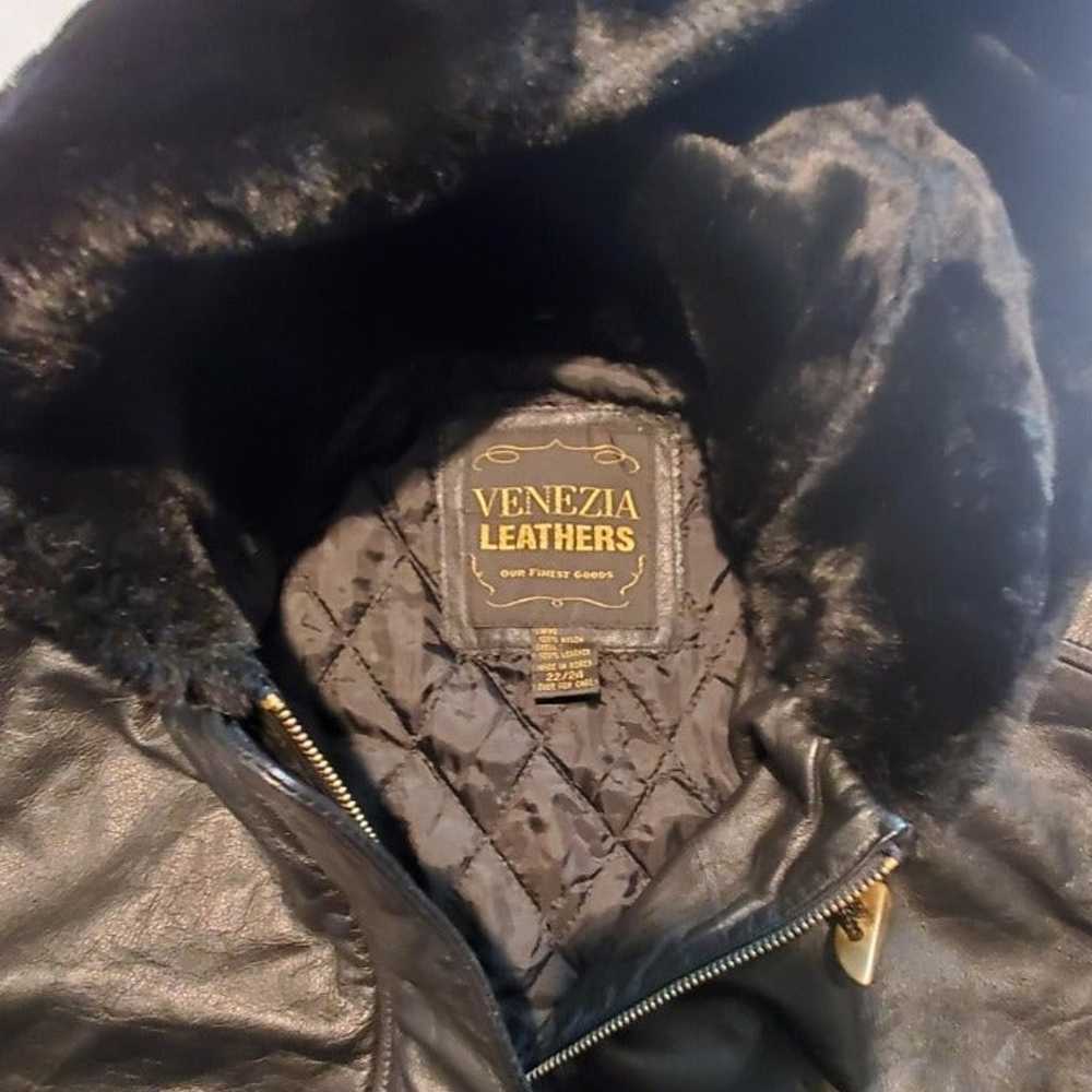 VENEZIA Black Leather Fur Trim Hood Jacket Sz 22 … - image 5