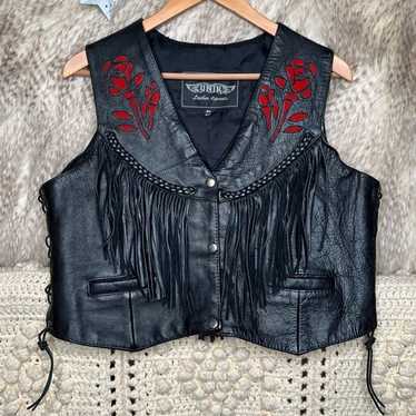 Vintage Black Leather Rose Motorcycle Jacket Vest - image 1
