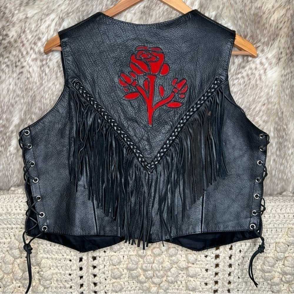 Vintage Black Leather Rose Motorcycle Jacket Vest - image 4