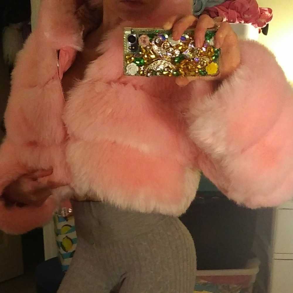 Light Pink super cropped pelted hooded fur jacket - image 4