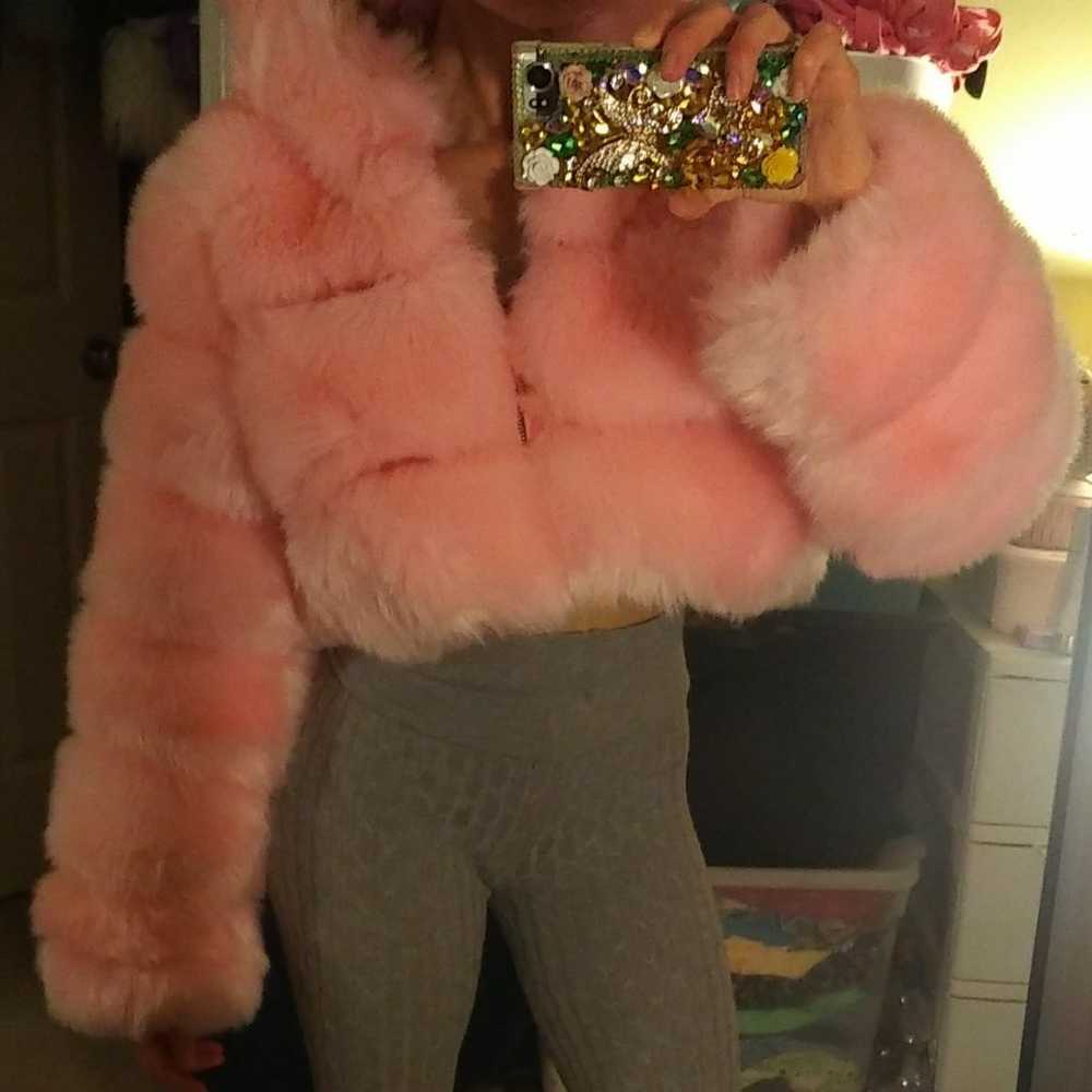 Light Pink super cropped pelted hooded fur jacket - image 5