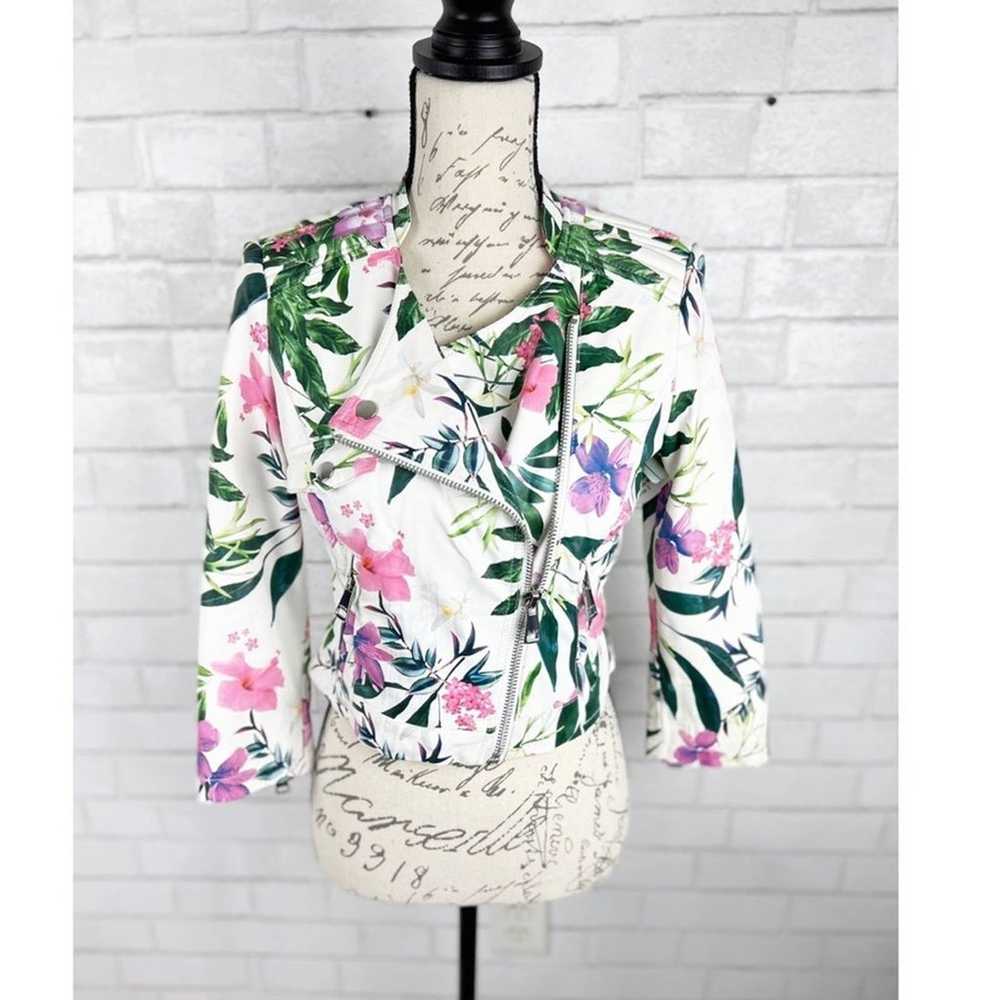 Guess Floral Print Moto Leather Zip Up Jacket Siz… - image 1